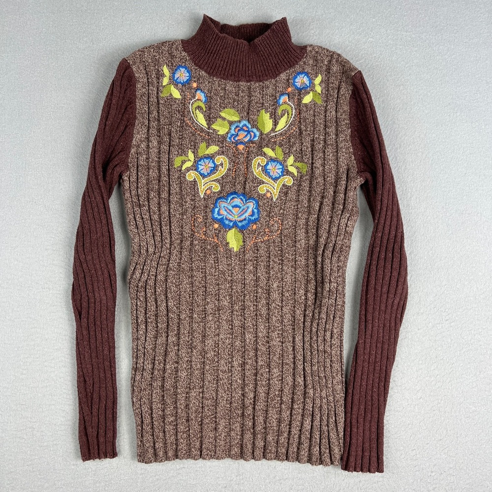 Sundance Floral Sweater Womans Small Ribbed Mock Neck Embroidered Pullover